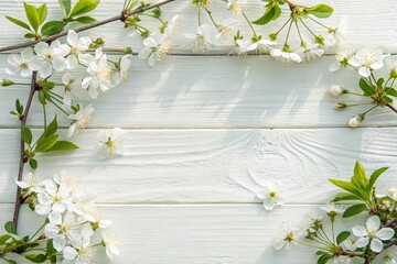 Spring Blossoms Frame on a White Wood Background