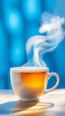 Fototapeta premium A steaming cup of tea rests on a wooden table. The warm tones of the tea contrast with the serene blue background, creating a peaceful atmosphere perfect for relaxation or contemplation