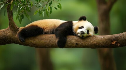 Obraz premium Sleepy Panda Napping on Branch in Lush Forest
