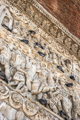 Arch of Galerius, detail. Pigeons sitting on an ancient Roman relief. Thessaloniki, Greece.