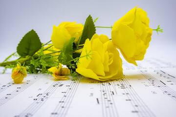 음표가 그려져있는 음악책과 소품(꽃, 식물), 아름다운 음악