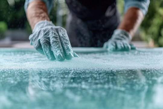 close-up of professional cleaning specialist meticulously wiping glass surface showcasing precision and attention in