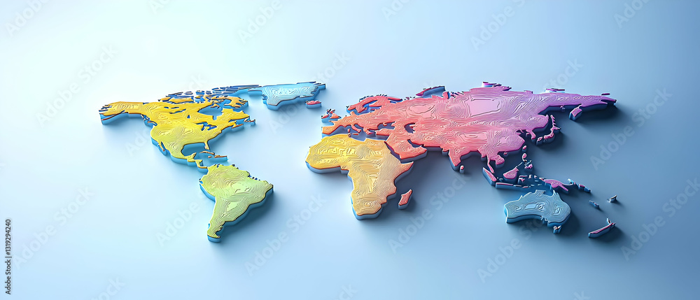 Poster a colorful 3d rendered world map on light blue background with gradient colors in rendered style