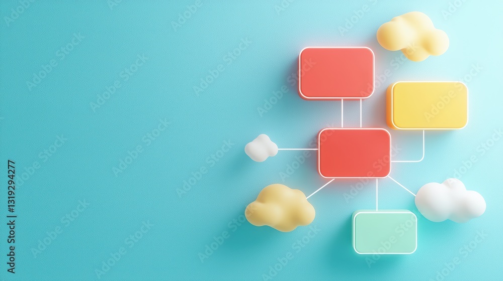 Aufkleber a colorful abstract layout with rectangular shapes and fluffy clouds against a turquoise background,