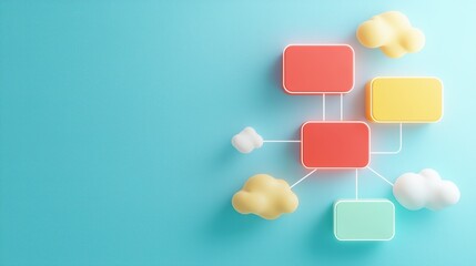 A colorful abstract layout with rectangular shapes and fluffy clouds against a turquoise background, suggesting creativity and brainstorming.