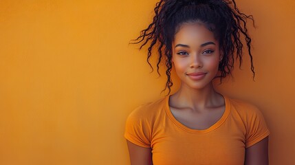 A woman with long, styled dreadlocks poses against an orange backdrop, wearing an oversized bright orange shirt and blue pants.
