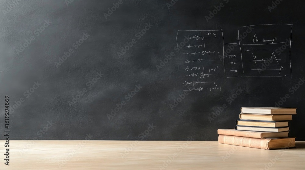 Poster chalkboard with neatly written equations and stack of books placed on teacher table