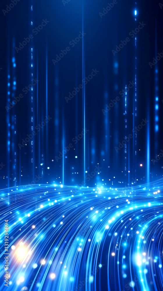 Poster a mesmerizing array of blue light waves undulates across a dark background, illuminated by sparkling