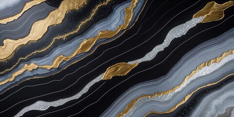 Obraz premium Contemporary Stone Art with Striking Gold and Silver Accents on a Dark Canvas