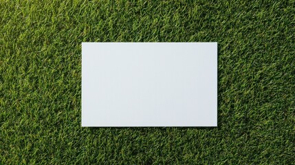Blank white paper on green grass texture background with sunlight.