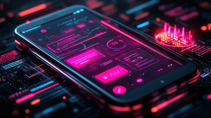 Obraz premium Futuristic mobile phone interface with glowing UI elements