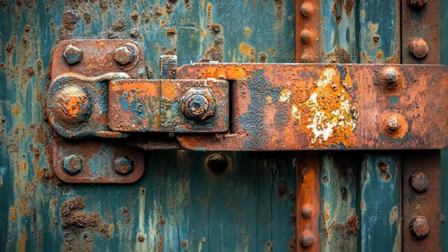 Rusty metal lock and hinge on an old blue barn door showcasing weathered textures and colors
