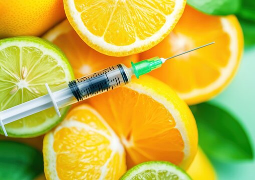 Vaccination campaign promoting health citrus garden food photography vibrant colors close-up view nutritional awareness