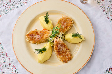 Elegant Presentation of Mashed Potatoes and Pozharsky Cutlets with Delicate Garnish