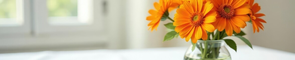 Fototapeta premium Marigold flowers in a vase on white tablecloth, arrangement, arrangement