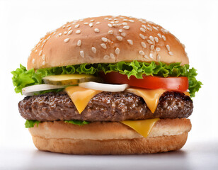 Hamburger Isolated on White Background with Fresh Ingredients and Savory Beef