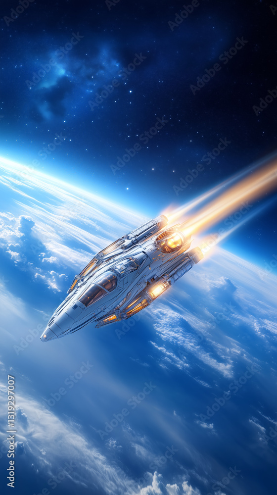 Poster a sleek spacecraft soars into the depths of space, emitting bright flames while leaving behind a mes