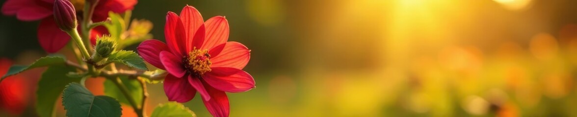 Maroon and yellow hues of the tree flower attract pollinators in the meadow, insects, sunlight