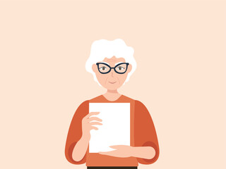 portrait of senior  woman holding empty white paper sheet or showing blank sign poster over isolated background. vector and illustration.
