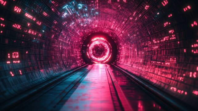 Futuristic tunnel with glowing neon lights - Powered by Adobe