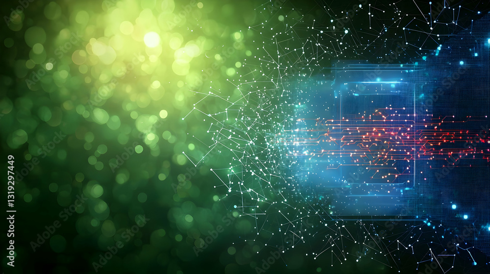 Poster abstract depiction of technological advancement with a green and blue gradient background exhibiting