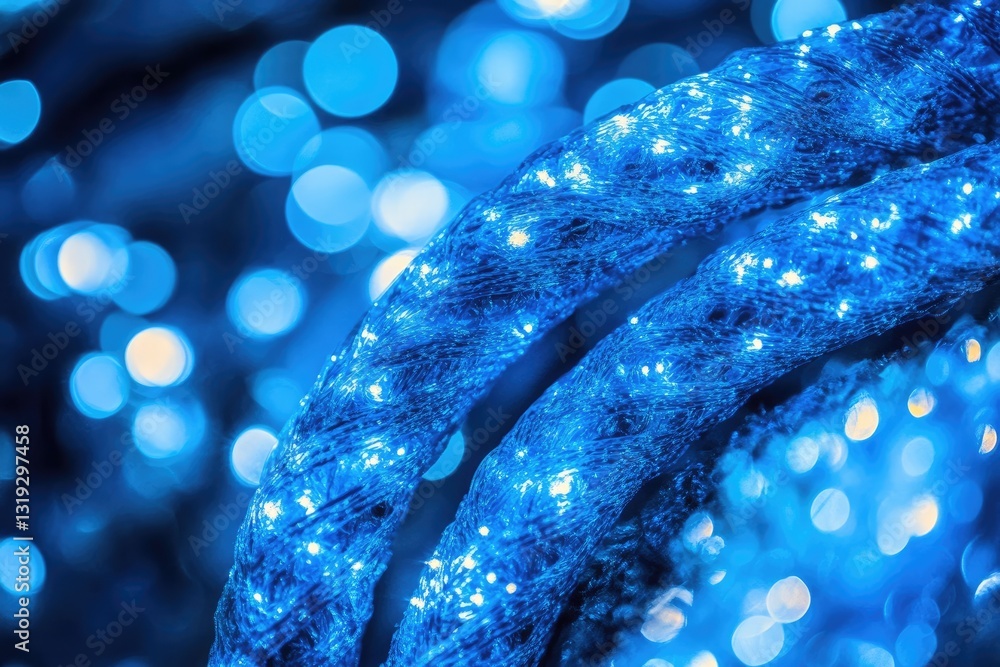 Poster blue led string lights. close-up of glowing, textured strands. soft bokeh background