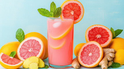 Menu of lycopene, Detox drink with grapefruit and ginger in tall glass, high fidelity image.