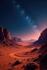 Obraz premium Mars' vast barren wasteland under an abstract starry night sky, dust landscape, cosmic sky