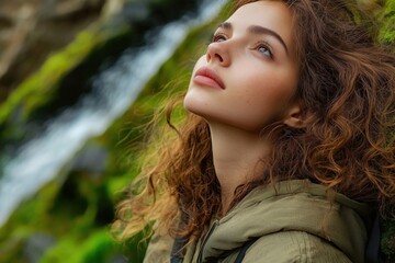 Naklejka premium A young woman with curly hair gazing upwards in a natural setting with greenery.