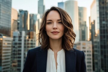 A confident woman in a blazer standing against a city skyline during sunset.