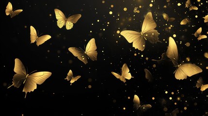 Golden butterflies flying in dark background. Possible use for digital art, greeting cards, website backgrounds