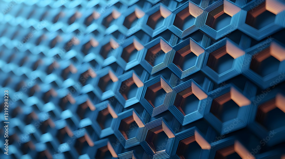 Poster abstract 3d blue hexagonal pattern with orange accents and depth of field close-up perspective
