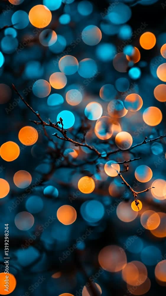 Poster bokeh lights create a magical atmosphere in a nighttime garden setting filled with illuminated branc