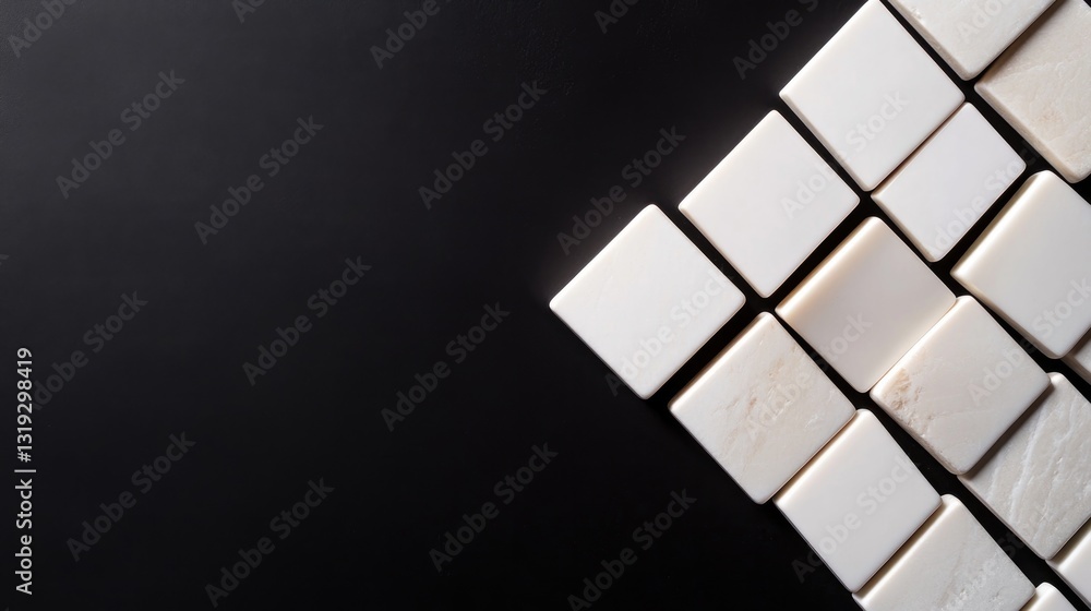 Poster minimalist flat lay of domino tiles arranged symmetrically on solid black background with lighting a