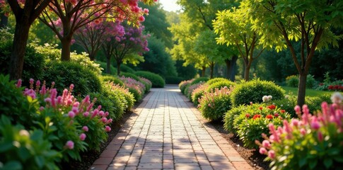 Fototapeta premium meandering brick walkway lined with blooming shrubs and trees, garden, nature