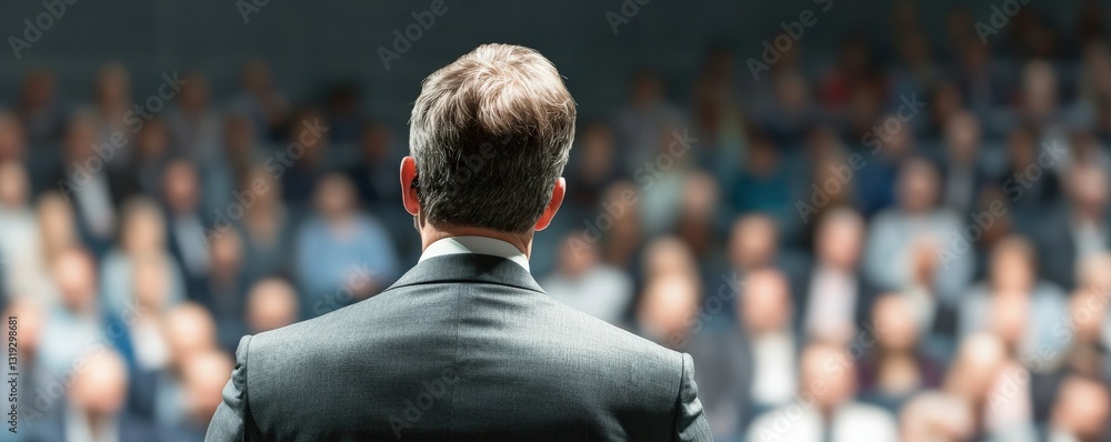 Poster a man stands on stage addressing a large audience, focusing on delivering a speech or presentation i