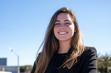 Fototapeta premium Young caucasian female smiling in black blazer against clear blue sky.