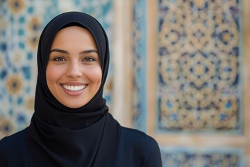 A young woman wearing a black hijab smiling against a colorful patterned background.