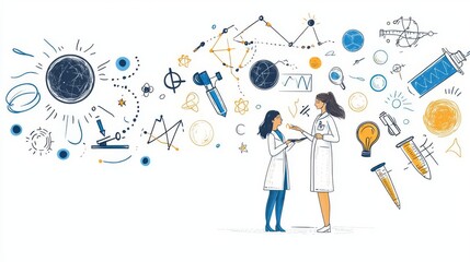 Two scientists discussing research ideas with various scientific tools and symbols in the background.