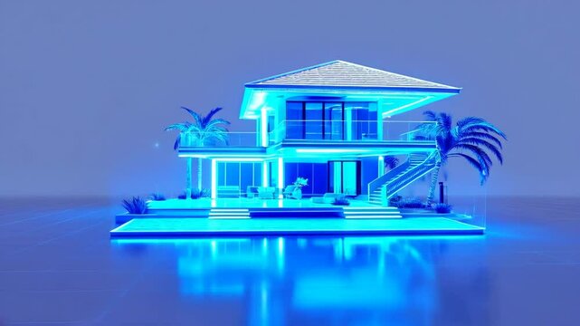 Digital Wireframe Model of a Tropical House in 3D Rotation Style