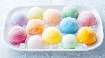 Fototapeta premium A colorful array of sorbet scoops served on ice, perfect for summer desserts or refreshing treats.