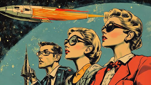 Retro Sci-Fi Cartoon Illustration of a Woman Adventuring in Space with Rockets and Aliens