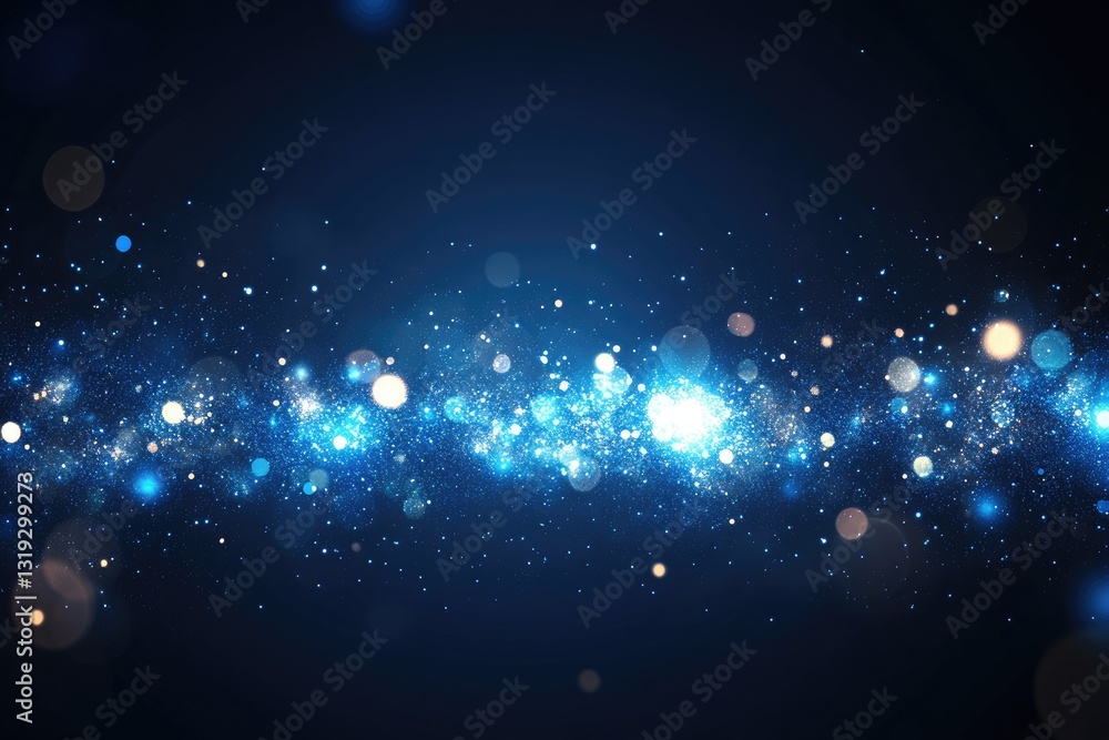 Poster abstract glowing blue particles on dark background. a horizontal band of shimmering, luminous partic