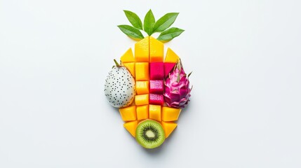 Colorful fruit arrangement featuring mango, dragon fruit, kiwi, and pitaya designed in a playful, artistic style.