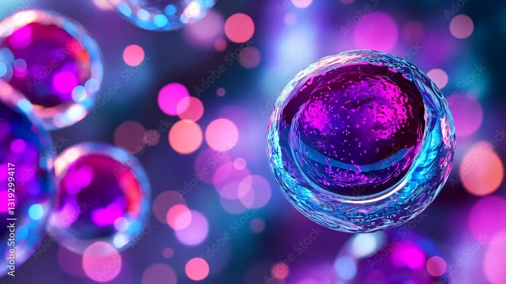 Poster colorful abstract illustration of microscopic cells in a vibrant setting with glowing orbs and soft 