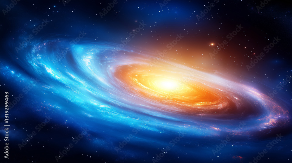 Poster a captivating view of a spiral galaxy displaying an array of vibrant blue and orange hues. the glowi