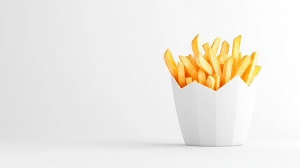 Crispy golden french fries in a white carton on a clean background, perfect for food photography and advertising.