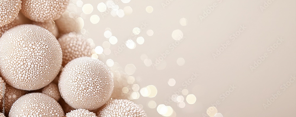 Poster a soft, textured arrangement of spherical objects glimmers against a light background, creating a se