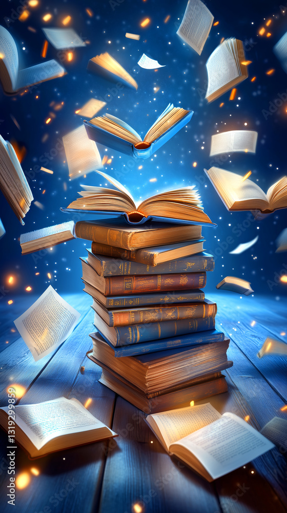 Poster a stack of old books is positioned upright on a wooden surface, with several pages floating around i