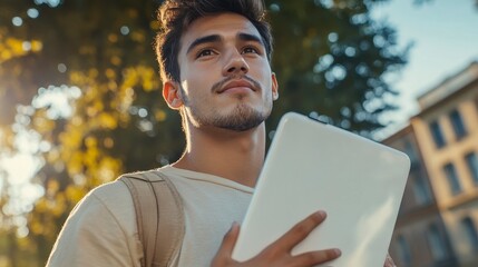Man with white iPad engaged in conversation, modern workspace setting, focus on technology and communication